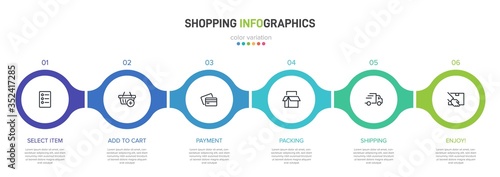 Concept of shopping process with 6 successive steps. Six colorful graphic elements. Timeline design for brochure, presentation, web site. Infographic design layout.
