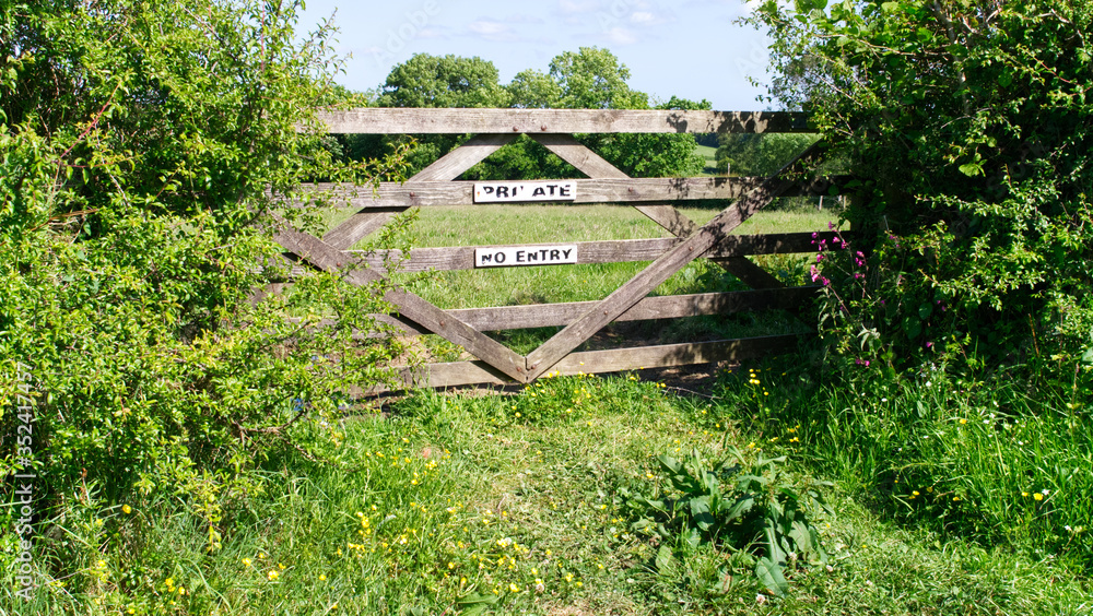 Old wooden gate, private no entry, farmland