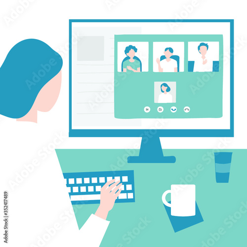 Woman having a video call conference at home vector