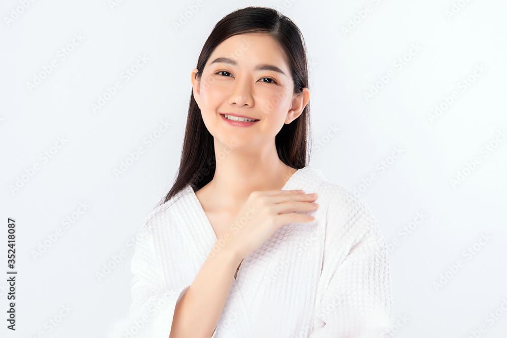 Beautiful Young Asian Woman touching her body with fresh Healthy Skin, isolated on white background, Beauty Cosmetics and Facial treatment Concept. Beautiful Young Asian Woman touching her body with fresh Healthy Skin, isolated on white background, Beauty Cosmetics and Facial treatment Concept.