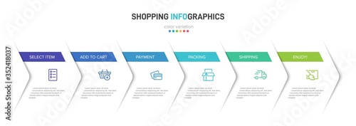 Concept of shopping process with 6 successive steps. Six colorful graphic elements. Timeline design for brochure, presentation, web site. Infographic design layout.