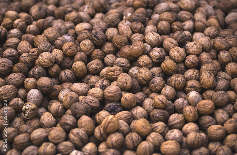 Walnuts on the counter of the Turkish market.