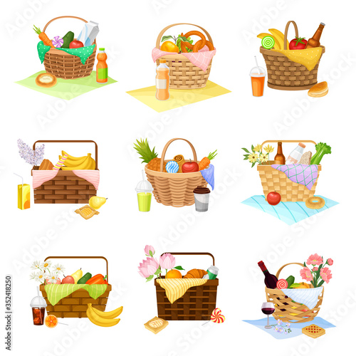 Wicker Picnic Baskets and Hampers Full with Foodstuff Vector Set