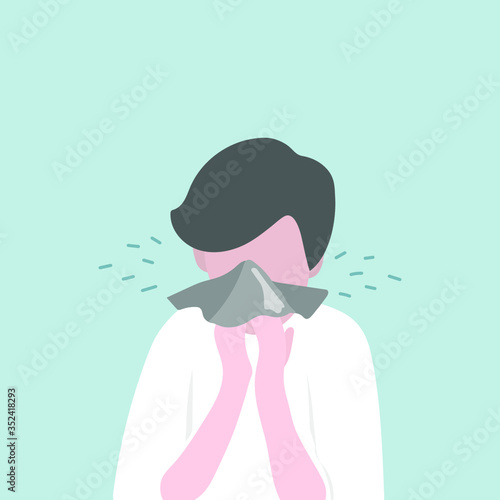 Man infected with covid 19 virus coughing into tissue vector