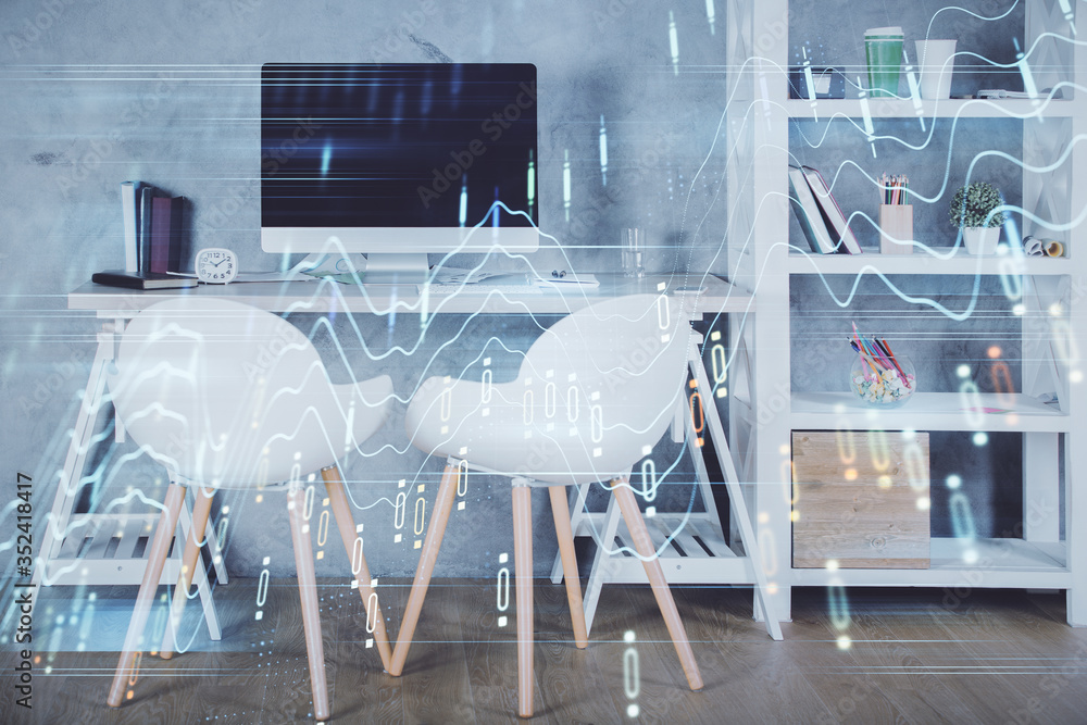 Multi exposure of stock market chart drawing and office interior background. Concept of financial analysis. Multi exposure of stock market chart drawing and office interior background. Concept of financial analysis.