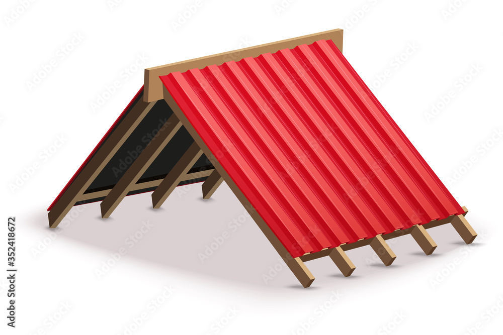 Red metal roofing cover on the roof. Element concept for building construction and repair. Vector Illustration isolated on white background. Red metal roofing cover on the roof. Element concept for building construction and repair. Vector Illustration isolated on white background.