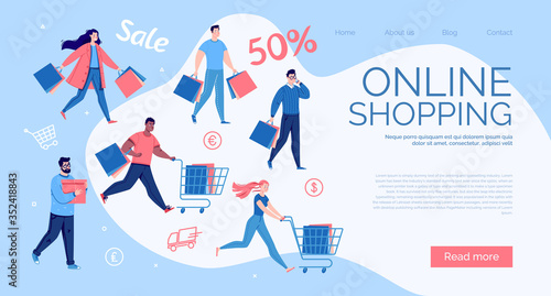 Landing page design. Online shopping concept. People with packages and shopping. Men and women scurry about during a sale. Vector. Illustration in a flat cartoon style.