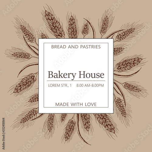 Bakery, pastry shop label, logo, flyer template with wheat ears frame, pretzel and lettering. bakeshop background. vector hand drawn sketch illustration. banner for bakehouse, bread packaging design.