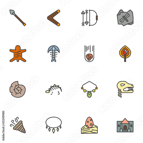 Prehistoric age filled outline icons set, line vector symbol collection, linear colorful pictogram pack. Signs, logo illustration, Set includes icons as hunting spear, boomerang, meteorite, fire flame