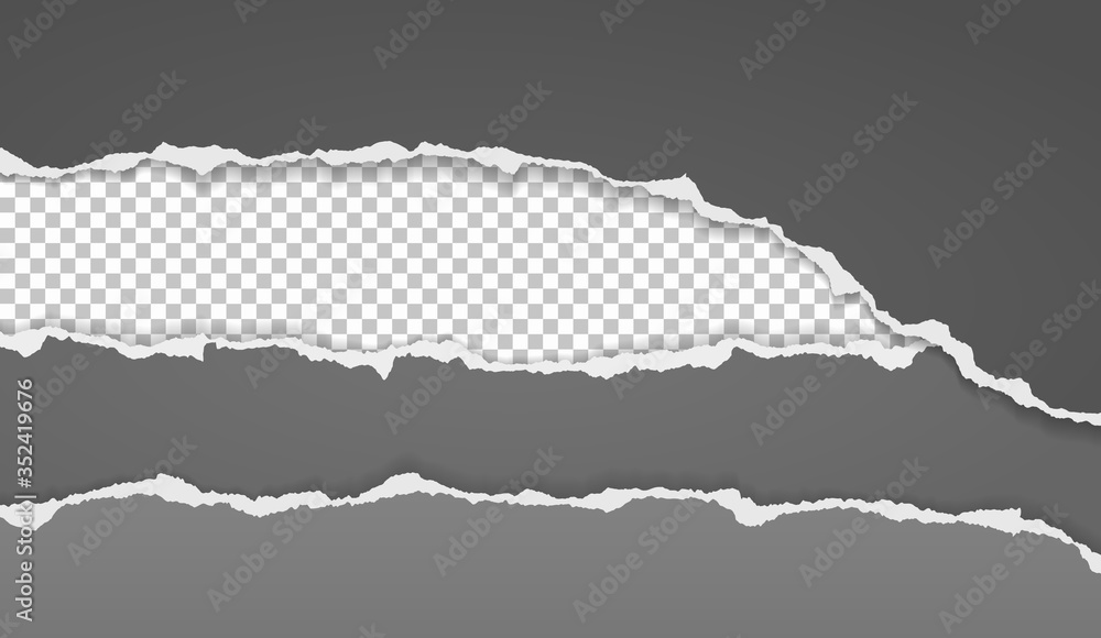 Torn, ripped pieces of horizontal black paper with soft shadow are on white squared background for text. Vector illustration Torn, ripped pieces of horizontal black paper with soft shadow are on white squared background for text. Vector illustration