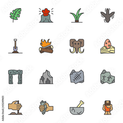 Prehistoric age filled outline icons set, line vector symbol collection, linear colorful pictogram pack. Signs, logo illustration, Set includes icons as volcano eruption, mammoth animal, dinosaur egg
