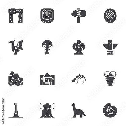 Archaeological excavations vector icons set, modern solid symbol collection, filled style pictogram pack. Signs, logo illustration. Set includes icons as prehistoric weapon, dinosaur skeleton, volcano