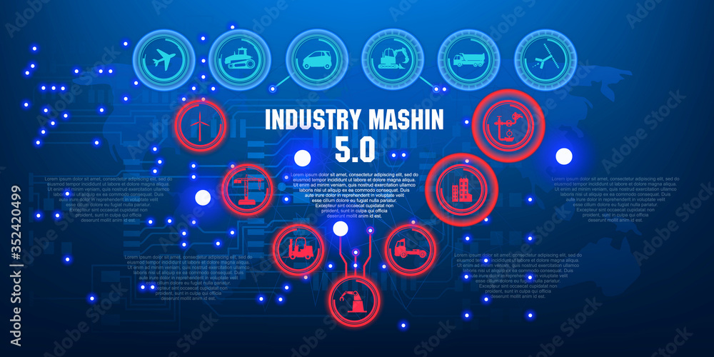 Concept of Industry. Exchange of technology in the industry. Automated industrial and construction industry. Techno background construction industry manufacturing with elements of HUD, GUI, UI