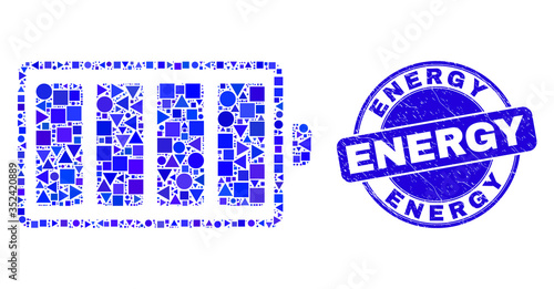 Geometric electric battery mosaic pictogram and Energy stamp. Blue vector rounded textured seal stamp with Energy title. Abstract mosaic of electric battery composed of sphere, tringle,