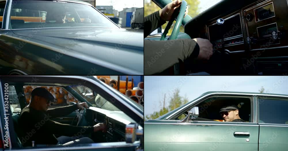 man is sitting in american car, adjusting and starting auto, collage man is sitting in american car, adjusting and starting auto, collage