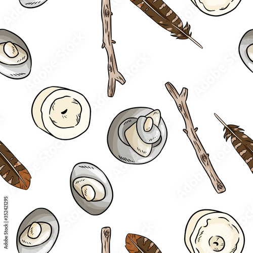 Boho elements, sea pebble, rustic sticks, candles and feathers seamless pattern. Vector wallpaper. Cozy lagom style template texture background tile