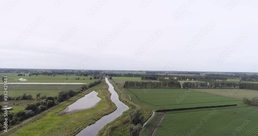 Aerial shot of a drone rising up over a flat landscape looking down a river in Cambridgeshire England. Aerial shot of a drone rising up over a flat landscape looking down a river in Cambridgeshire England.