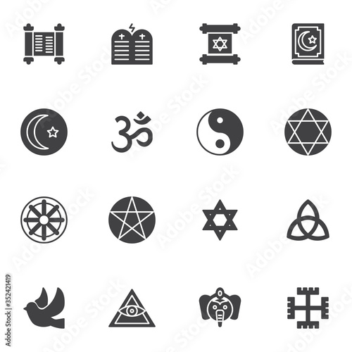 Religion vector icons set, modern solid symbol collection, filled style pictogram pack. Signs, logo illustration. Set includes icons as islam, judaism, buddhism, christianity, moon, star, jewish, dove