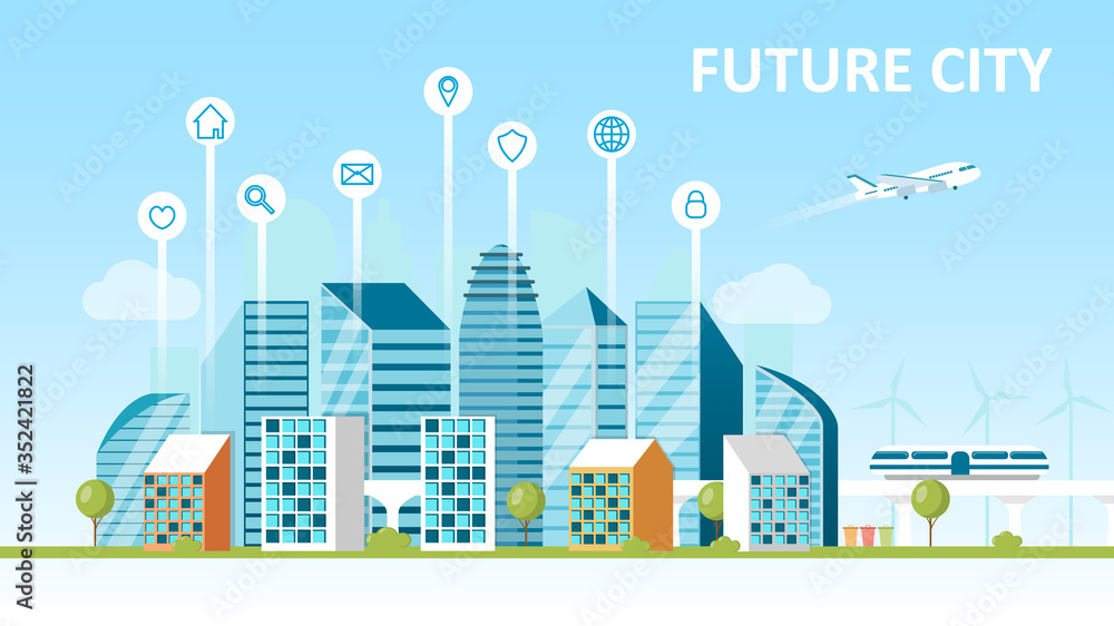 Fototapeta premium Smart city concept. City of the future. Landscape with skyscrapers modern technology. Hyperloop Sorting garbage. Green energy. Caring for the environment. Urban view Flat Vector Cartoon Illustration