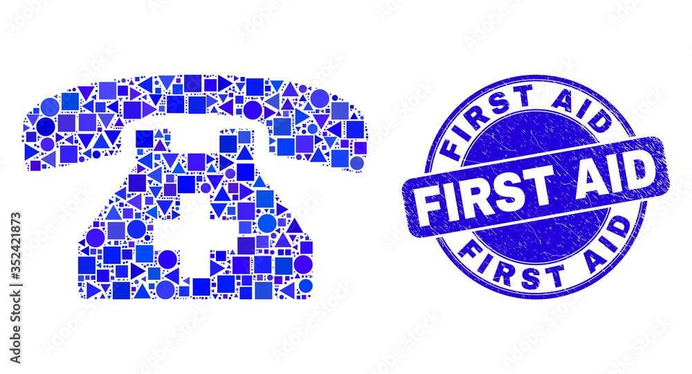 Geometric first aid phone mosaic icon and First Aid seal stamp. Blue vector rounded textured seal with First Aid title. Abstract mosaic of first aid phone done of sphere, triangles, Geometric first aid phone mosaic icon and First Aid seal stamp. Blue vector rounded textured seal with First Aid title. Abstract mosaic of first aid phone done of sphere, triangles,