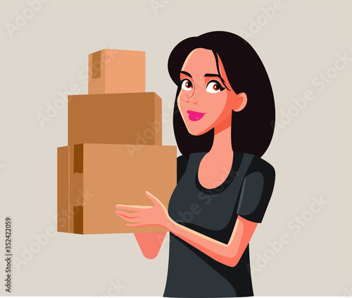 Cute Woman Holding Cardboard Boxes Vector Cartoon
