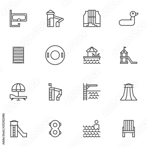 Water park slides line icons set, outline vector symbol collection, linear style pictogram pack. Signs, logo illustration. Set includes icons as aqua park, diving mask, lifebuoy, swimming pool, chair