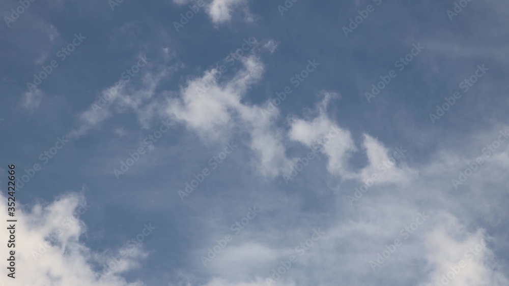 Clear blue sky with cumulus clouds that stand still and cirrus clouds that float. Joyful mood. High pressure and difference in movement in the atmosphere. Ecology of clean air. Weather forecast