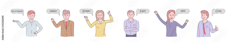 Cheerful cute people and different emotional poses speak funn. Customer service stickers. Emotions of office workers Joy, pride, confidence, kindness. Isolated Flat Cartoon Vector Illustration Cheerful cute people and different emotional poses speak funn. Customer service stickers. Emotions of office workers Joy, pride, confidence, kindness. Isolated Flat Cartoon Vector Illustration