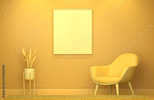 Mock up poster frame in yellow minimalist living room. Minimalist living room design render. 3D illustration. photo