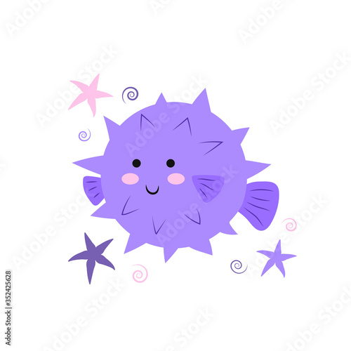 Cute cartoon puffer fish. Illustration for print on baby clothes, books and cards. Flat vector illustration isolated on white background.
