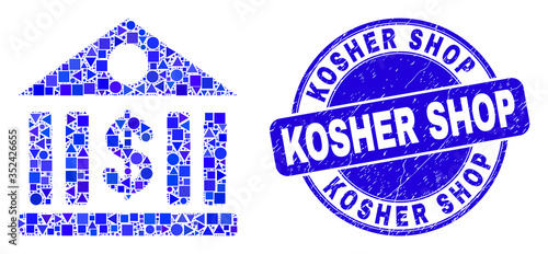 Geometric dollar bank mosaic icon and Kosher Shop stamp. Blue vector round distress seal stamp with Kosher Shop message. Abstract mosaic of dollar bank composed of round, triangles,