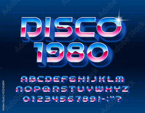 Disco 1980 alphabet font. Glowing 3D letters and numbers in 80s style. Stock vector typescript for your typography design.