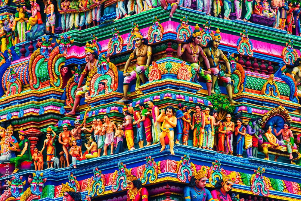 Close view of religious figures of famous Arulmigu Kapaleeswarar Temple in Chennai, India