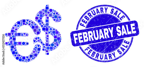 Geometric currency mosaic icon and February Sale seal stamp. Blue vector rounded grunge stamp with February Sale caption. Abstract mosaic of currency done of spheric, tringle, square geometric items.