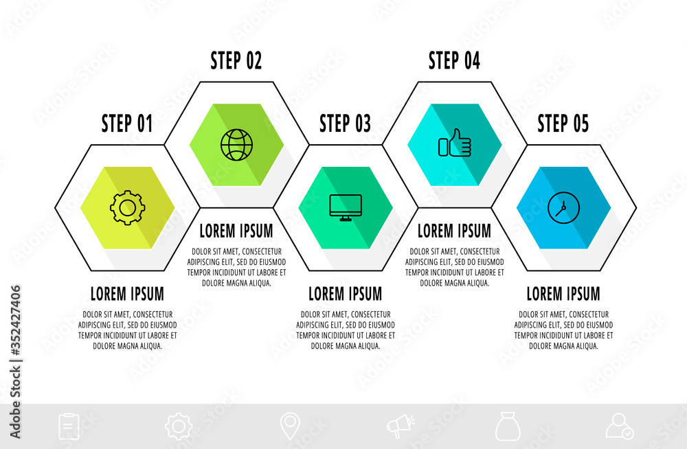 Vector business infographics. Timeline modern with 5 hexagons. Used for web design, graph, diagrams, slideshow Vector business infographics. Timeline modern with 5 hexagons. Used for web design, graph, diagrams, slideshow