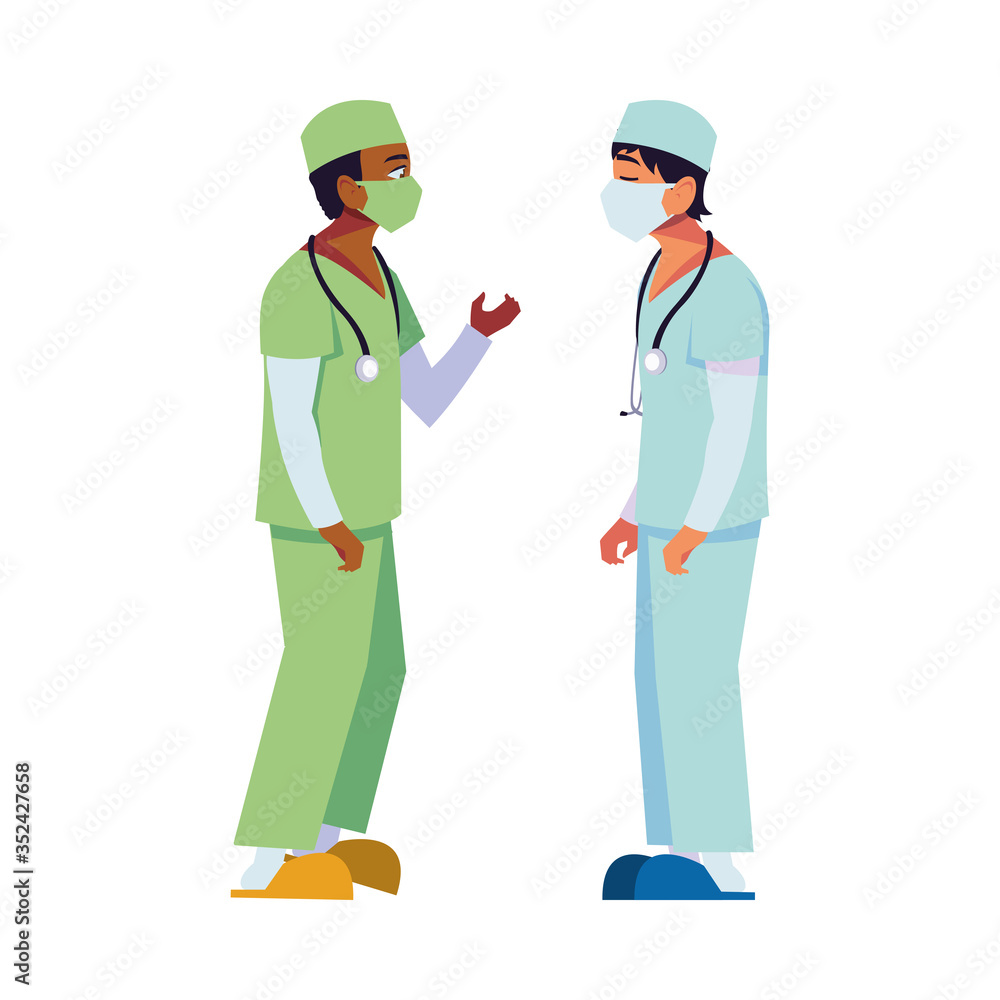 Men doctors with uniforms and masks vector design