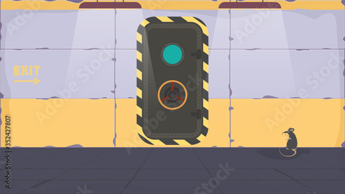 Vector illustration of a bunker. Bomb shelter in cartoon style. Hopper door. Door for a military bomb shelter. Concrete walls.