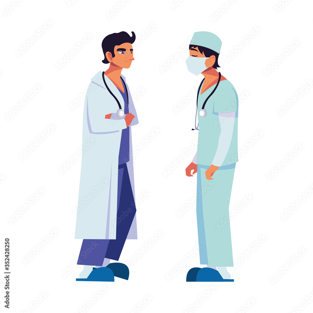 Men doctors with uniforms and mask vector design