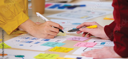 Photos Brainstorm planing creative asian teamwork, Close up of hands mobile phone app d