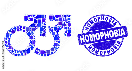 Geometric gay pair symbol mosaic pictogram and Homophobia stamp. Blue vector rounded grunge seal stamp with Homophobia message. Abstract mosaic of gay pair symbol designed of spheric, triangles,