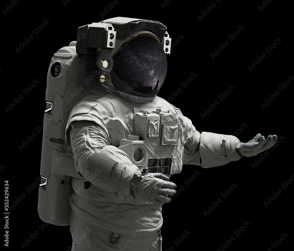 astronaut presenting an empty space isolated on black background