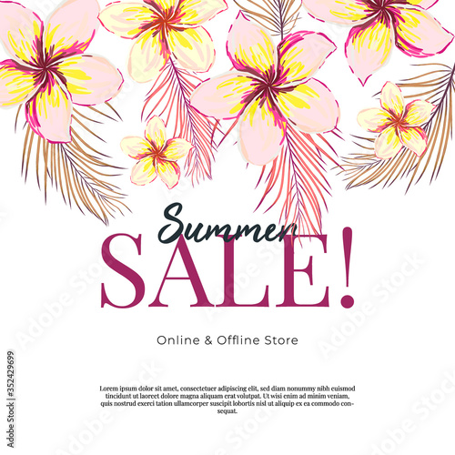 Trendy floral vector template. Summer flowers illustration. Tropical leaves and exotic flowers texture on striped background.