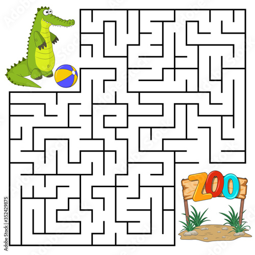 Square maze for kids with cartoon Crocodile. Find right way to the Zoo. Entry and exit. Puzzle Game with answer. Learning Labyrinth conundrum. Education worksheet. Activity page. Logic Games for kids.