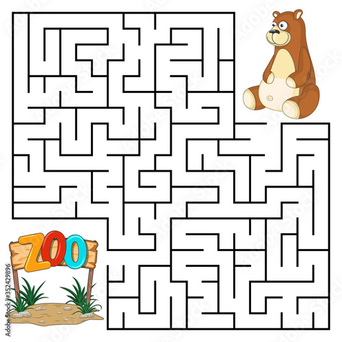 Square maze for kids with cartoon Bear. Find right way to the Zoo. Entry and exit. Puzzle Game with answer. Learning Labyrinth conundrum. Education worksheet. Activity page. Logic Games for kids.