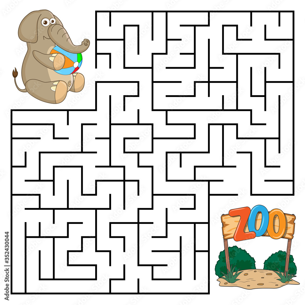 Square maze for kids with cartoon Elephant. Find right way to the Zoo.  Entry and exit. Puzzle Game with answer. Learning Labyrinth conundrum.  Education worksheet. Activity page. Logic Games for kids. Stock
