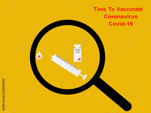 Flat design search icon with hypodermic syringe medical vaccine, prevention coronavirus or covid-19 injection vaccine dose, text time to vaccinate coronavirus or covid-19, science medical healthcare