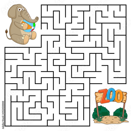 Square maze for kids with cartoon Elephant. Find right way to the Zoo. Entry and exit. Puzzle Game with answer. Learning Labyrinth conundrum. Education worksheet. Activity page. Logic Games for kids.