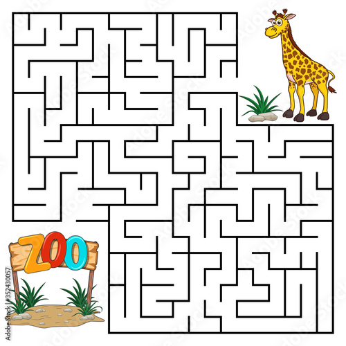Square maze for kids with cartoon Giraffe. Find right way to the Zoo. Entry and exit. Puzzle Game with answer. Learning Labyrinth conundrum. Education worksheet. Activity page. Logic Games for kids.