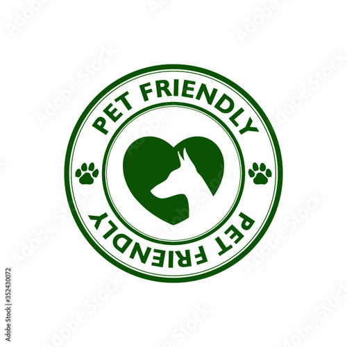 Pet paw or dog label, stamp or sticker with pet friendly text isolated on white background