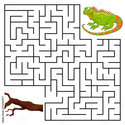 Square maze for kids with cartoon Iguana. Find right way to the Branch. Entry and exit. Puzzle Game with answer. Learning Labyrinth conundrum. Education worksheet. Activity page. Logic Games for kids.